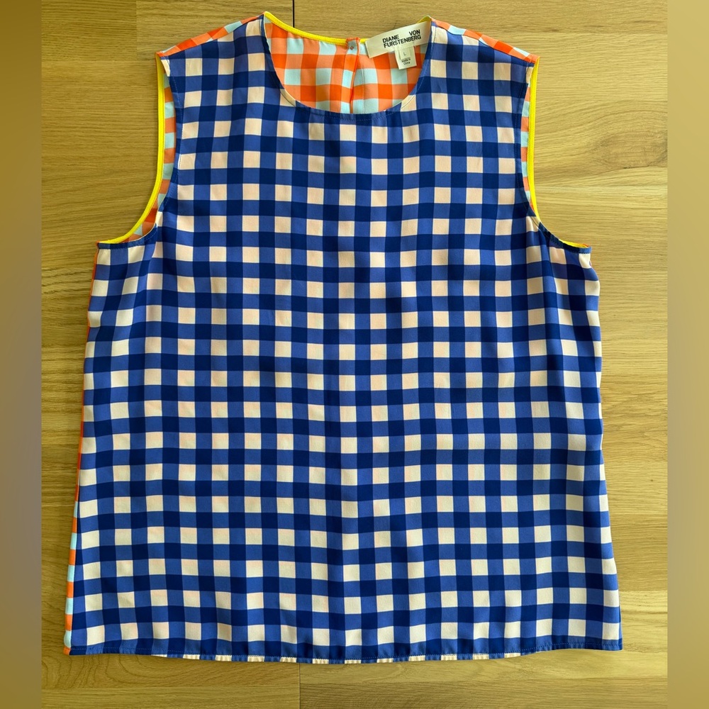 Diane Von Furstenberg Blue & White Gingham/ orange & white gingham on the back.